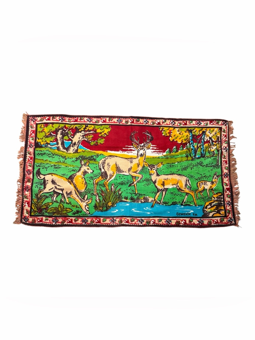 Vintage Ozmekik T.K. Deer Tapestry Wall Hanging Rug Fringe 50” x 27” Colorful